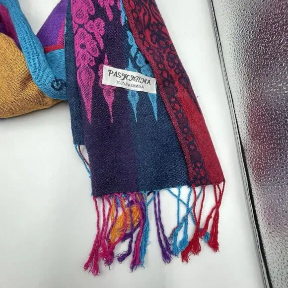Pashmina Scarf Wrap Shawl 100% Pashmina Multicolor Fringe Boho 68x27 In - Picture 2 of 9